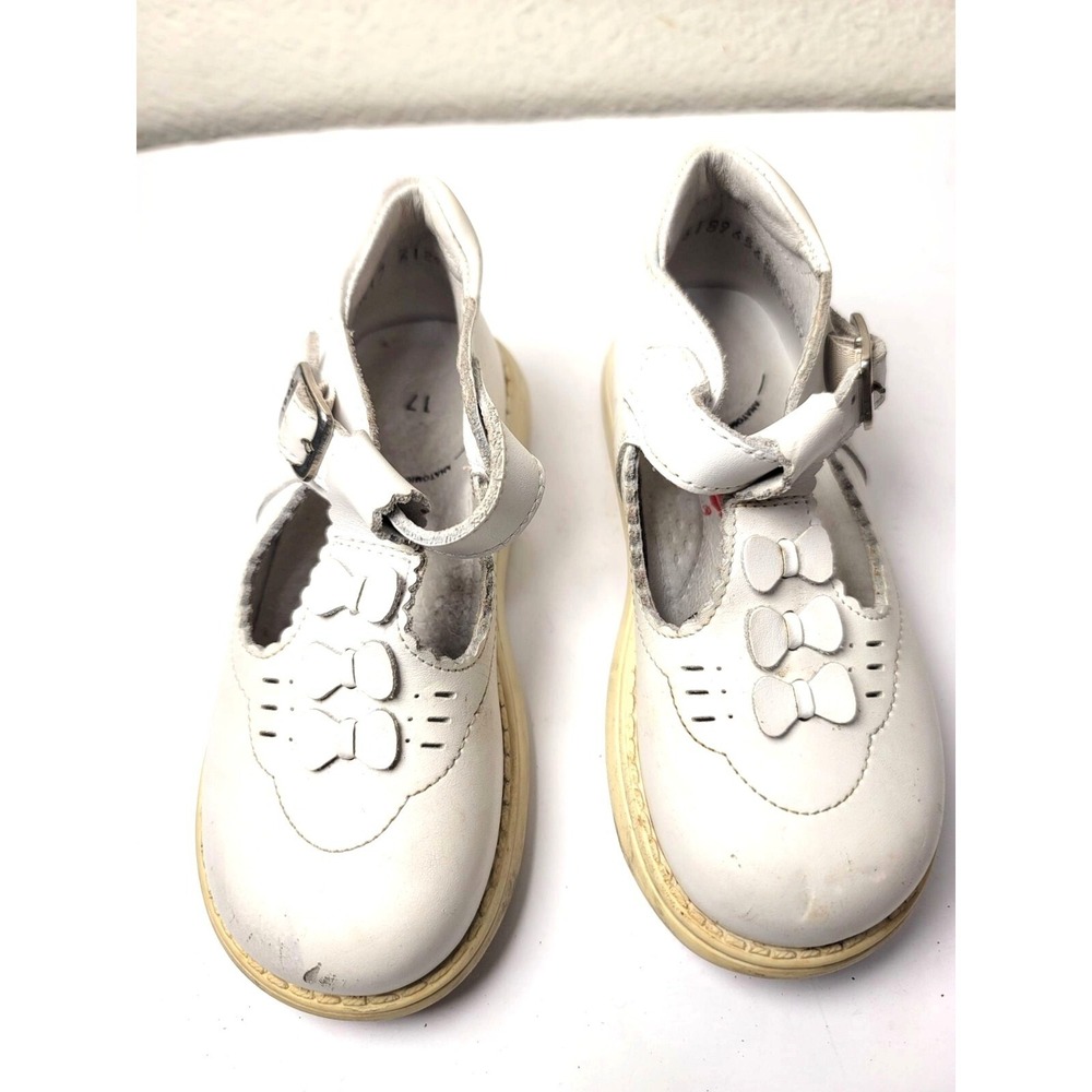 Vintage Dogi Toddler White Leather Buckled Mary Jane Shoes Bow Detail Size 17 US